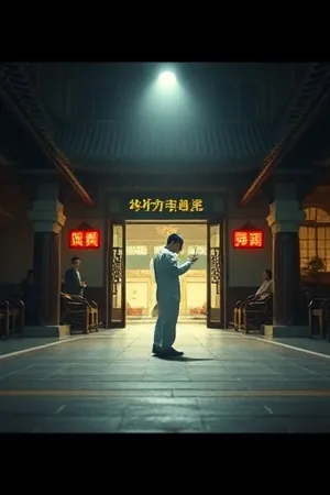 雨夜七骑修复版竖版主视觉，黑白雨幕下七骑剪影沿堤岸缓行